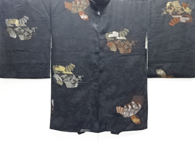 大正ロマン　扇に梅笹模様織出し漆一ツ紋羽織